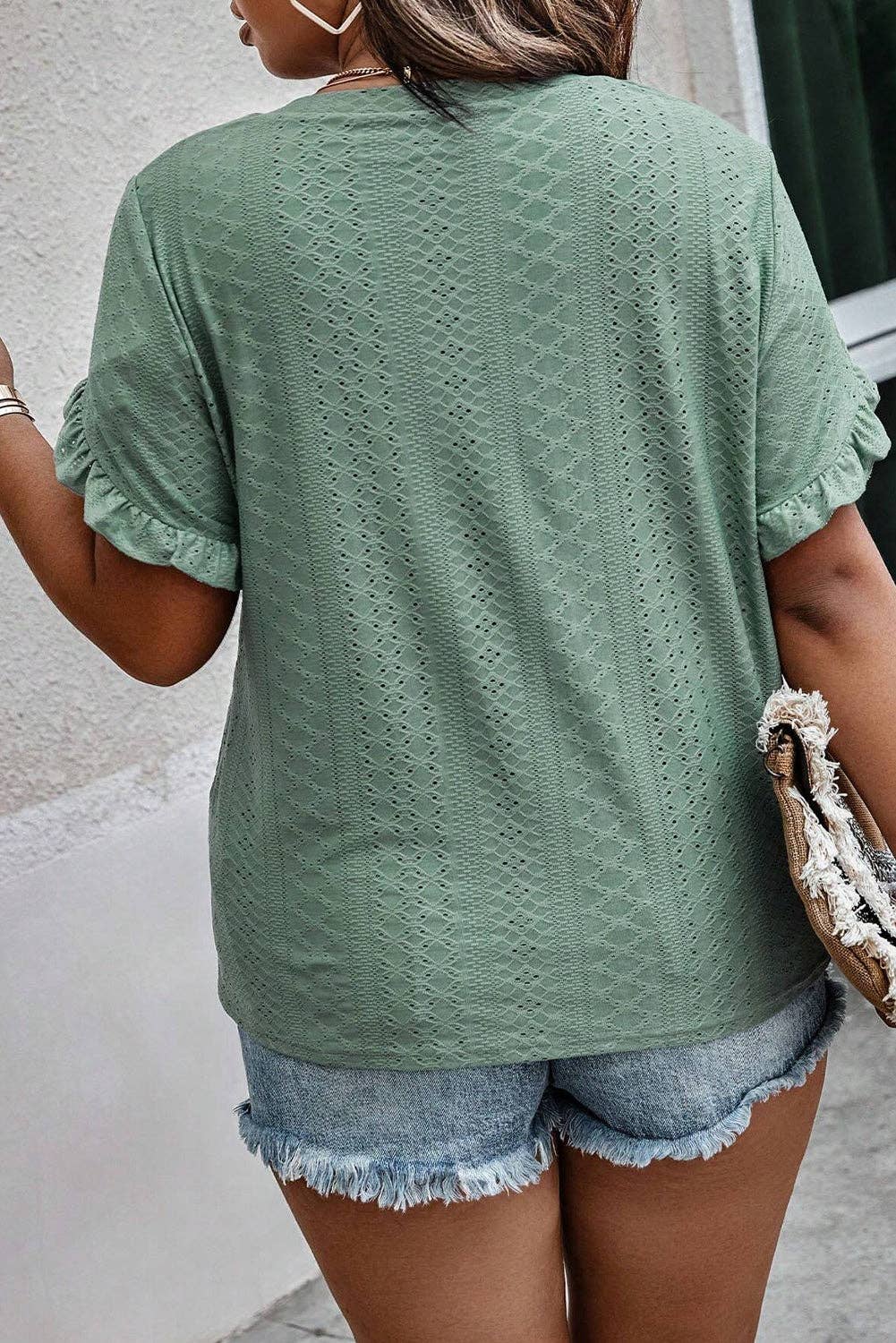 Petal Sleeve Jacquard V Neck Curvy Blouse