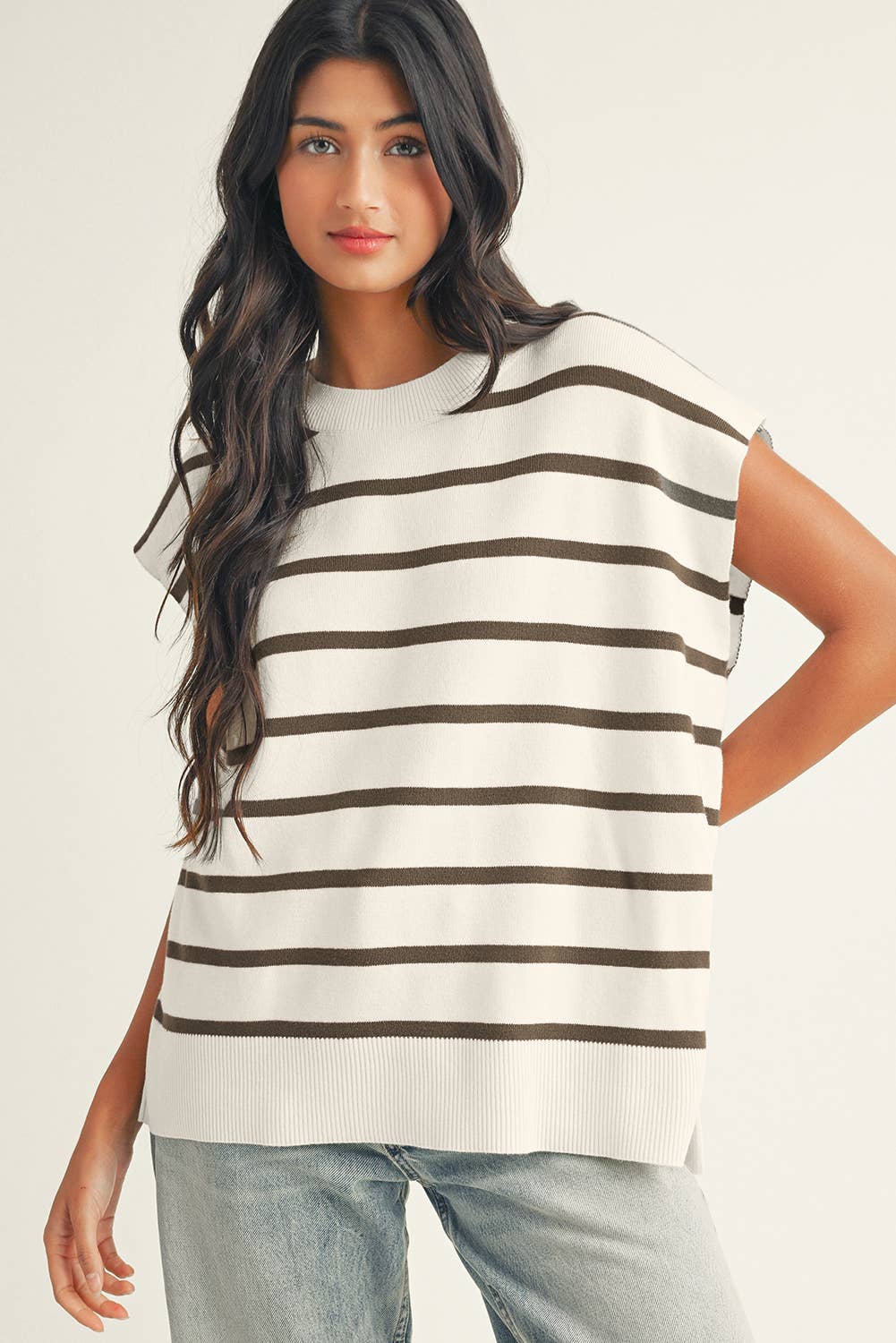 Stripe Side Slits Crewneck Short Sleeve Sweater Tee
