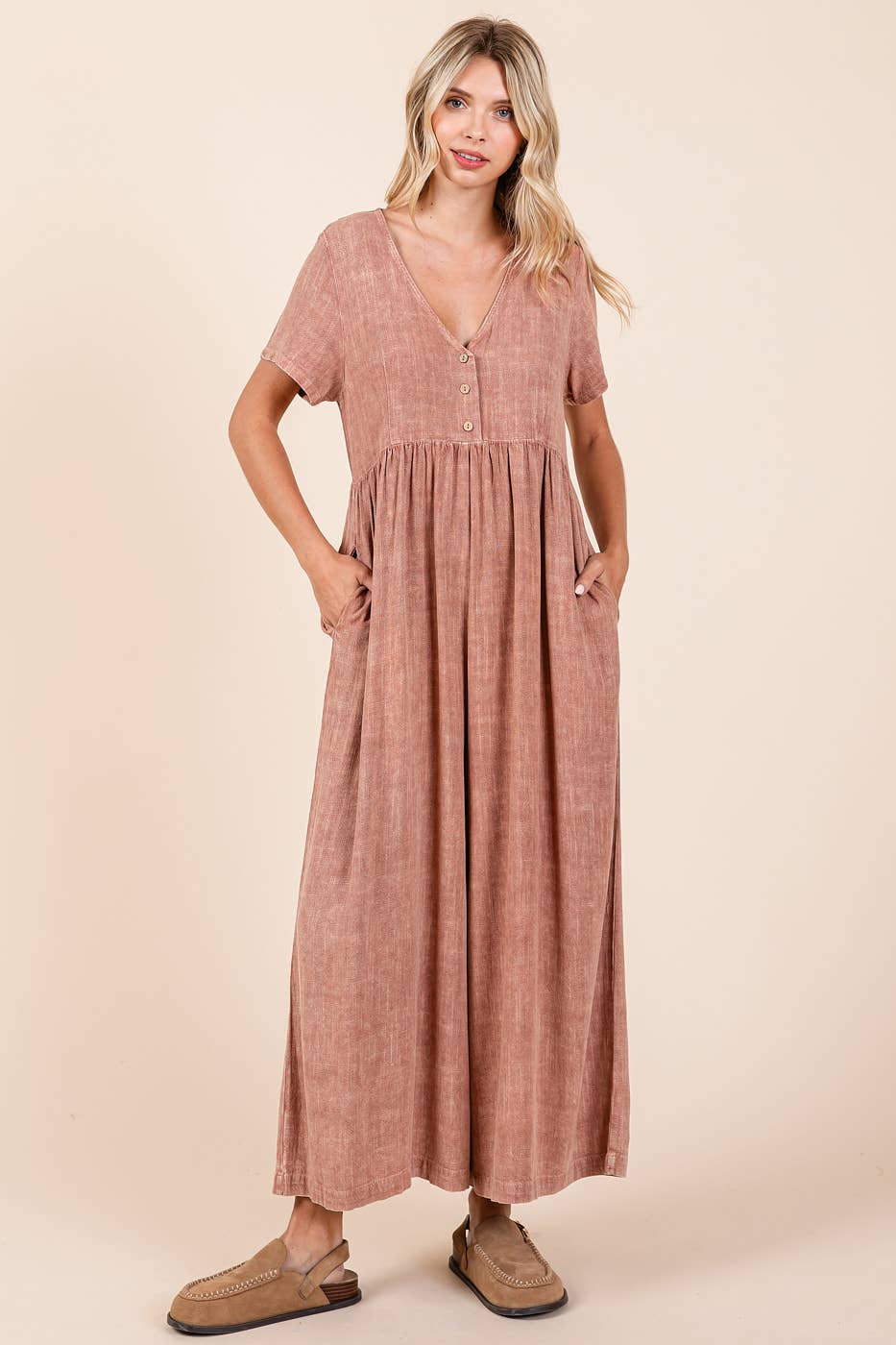 Mineral Wash Short Sleeve Flowy Wide Leg Jumpsuit