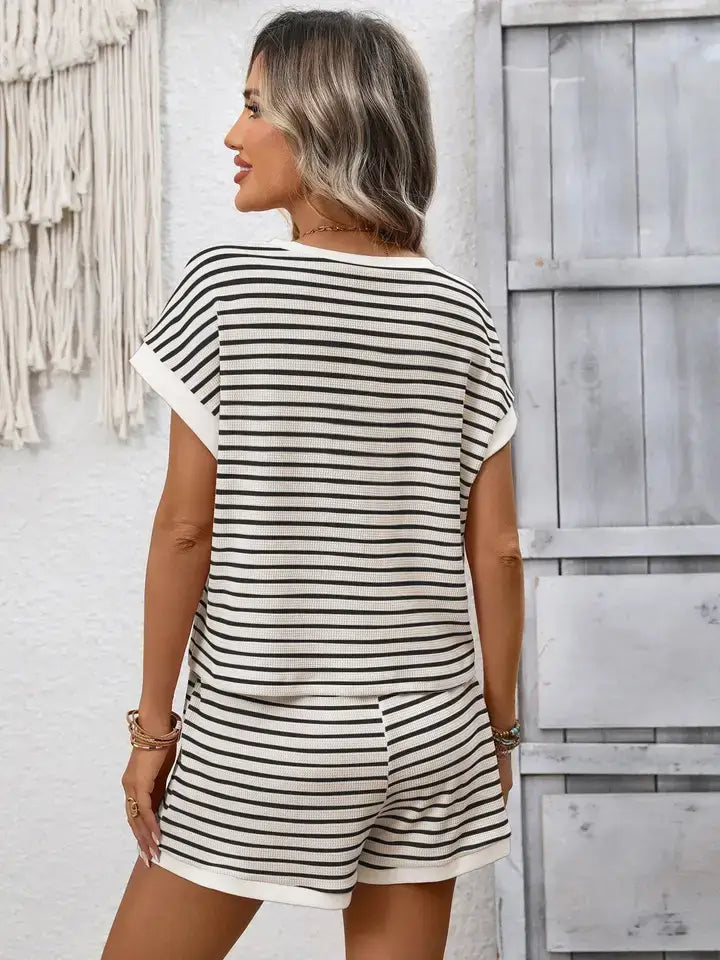 Striped  Relaxed Fit Tee Short Set Lounge Outfit