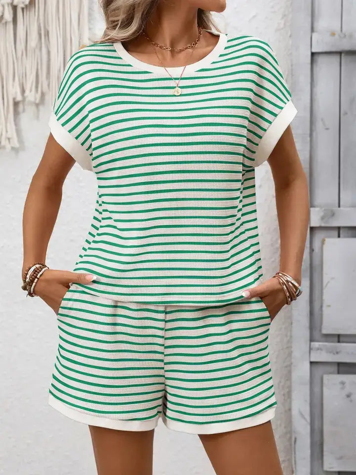 Striped Viscose Knit Two Piece Shorts Set Casual