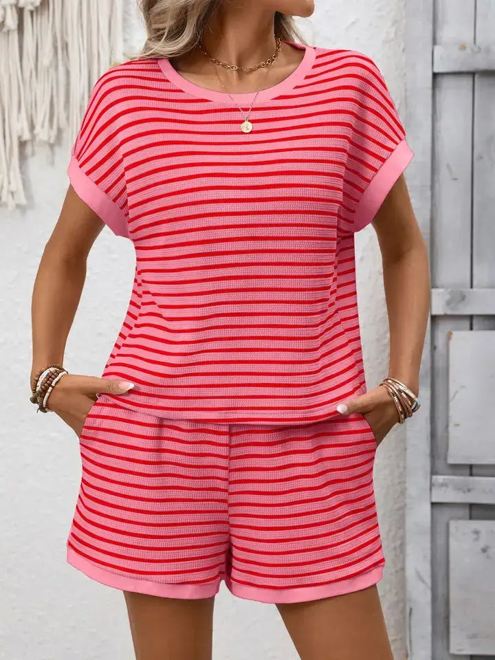Striped Viscose Knit Two Piece Shorts Set Casual