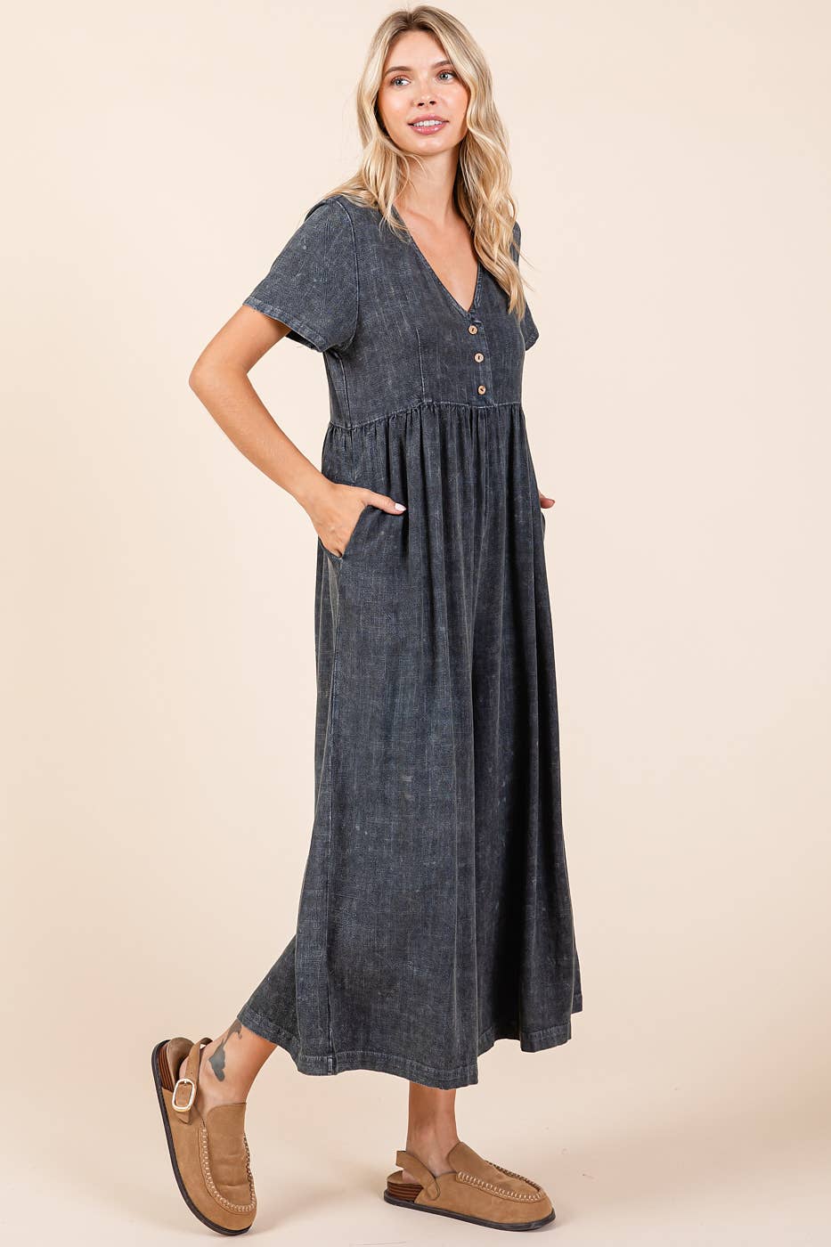 Mineral Wash Short Sleeve Flowy Wide Leg Jumpsuit