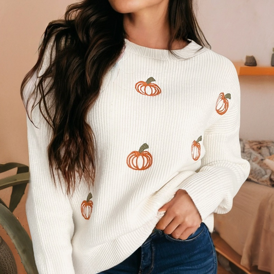 Pumpkin Embroidered Ribbed Sweater