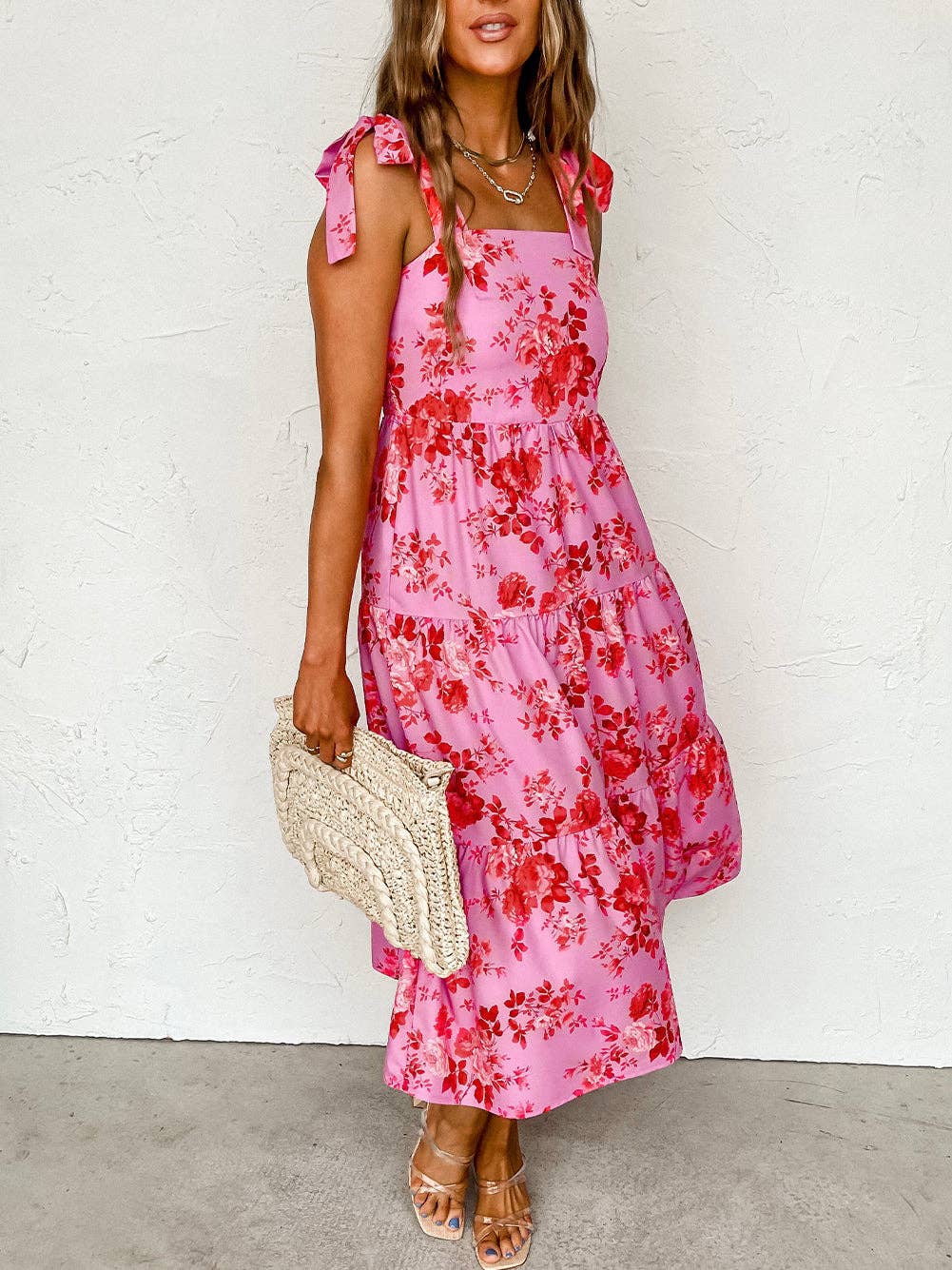 Tie Shoulder Straps Tiered Floral Dress