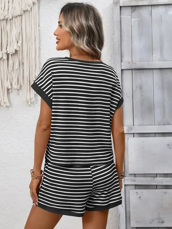 Striped Viscose Knit Two Piece Shorts Set Casual