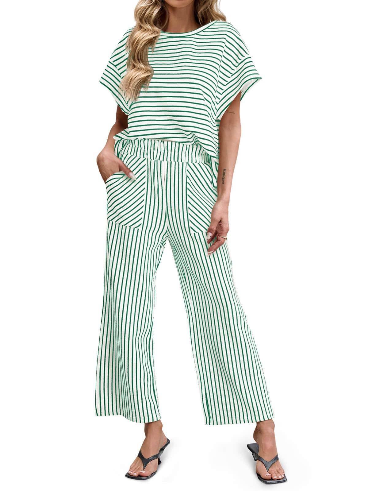 Striped Wide Leg Pants Set Casual Lounge Outfit
