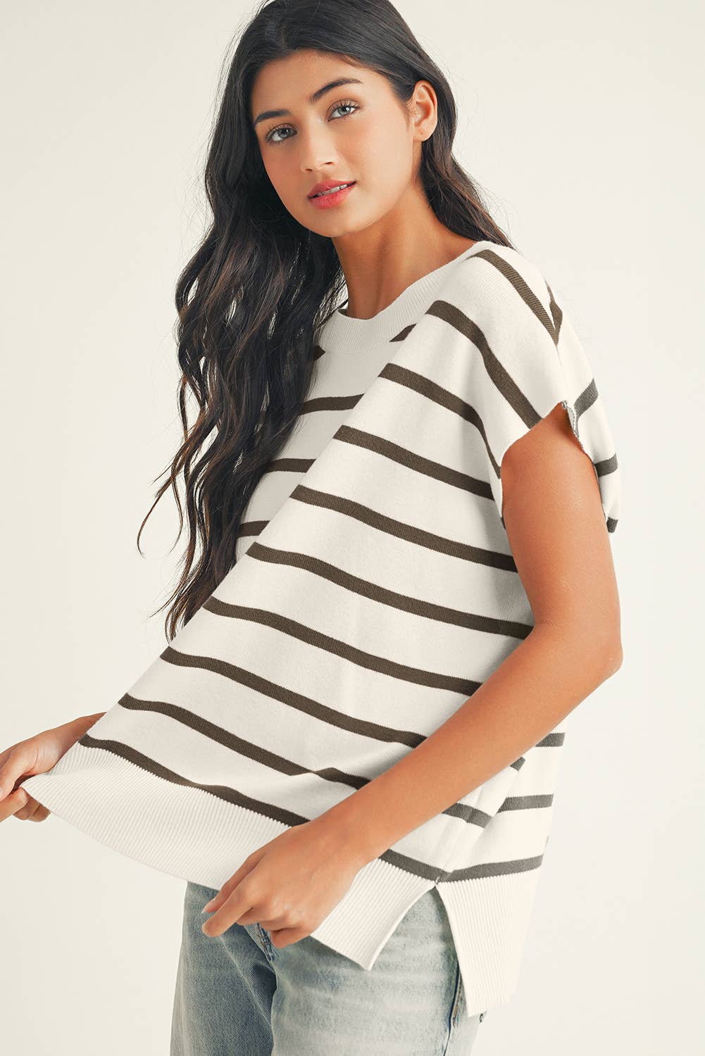 Stripe Side Slits Crewneck Short Sleeve Sweater Tee