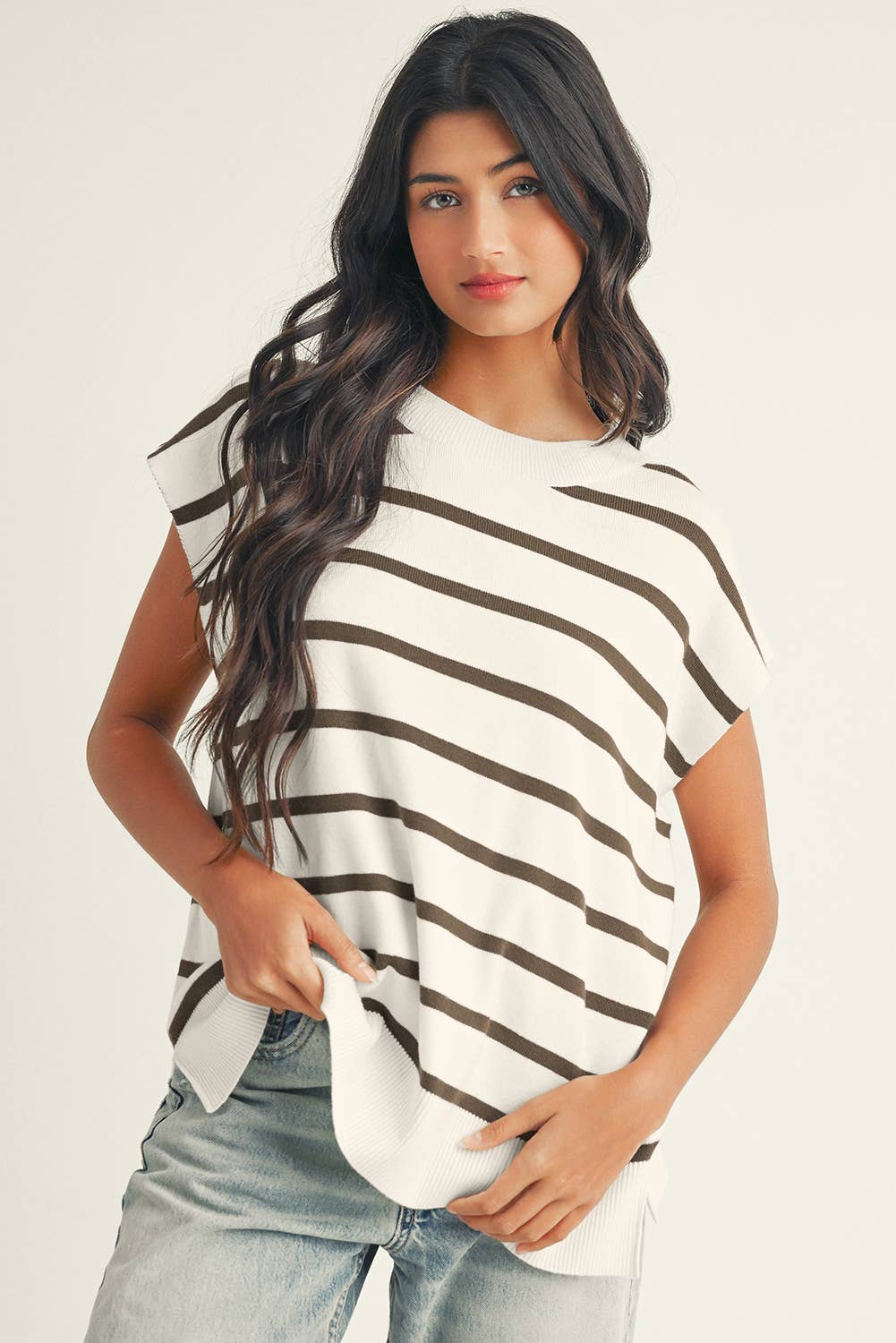 Stripe Side Slits Crewneck Short Sleeve Sweater Tee