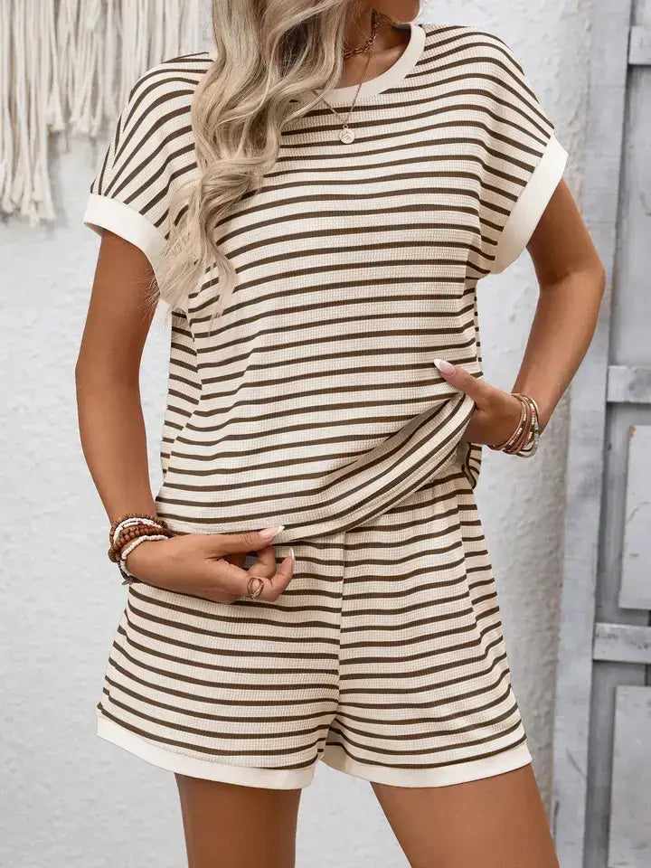 Striped Viscose Knit Two Piece Shorts Set Casual