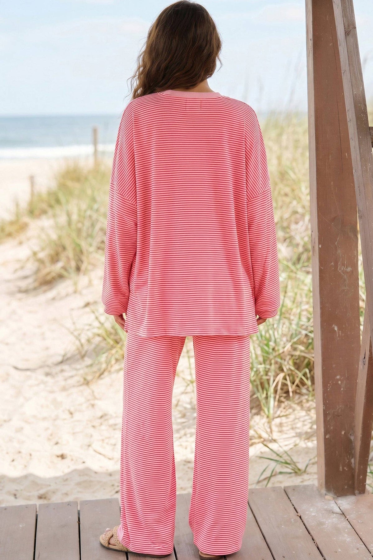 Blue Striped Drop Shoulder Long Sleeve Pant Set