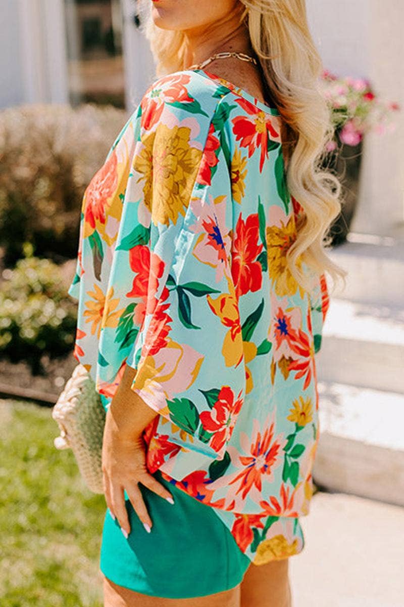 Plus Size Floral Print V Neck Batwing Sleeve Blouse