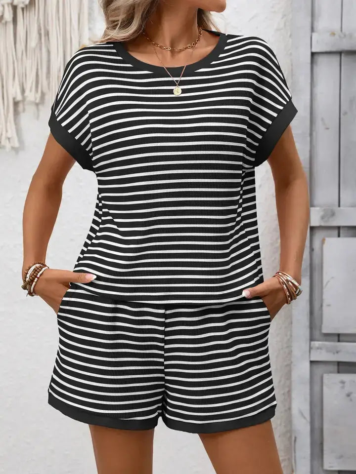 Striped  Relaxed Fit Tee Short Set Lounge Outfit