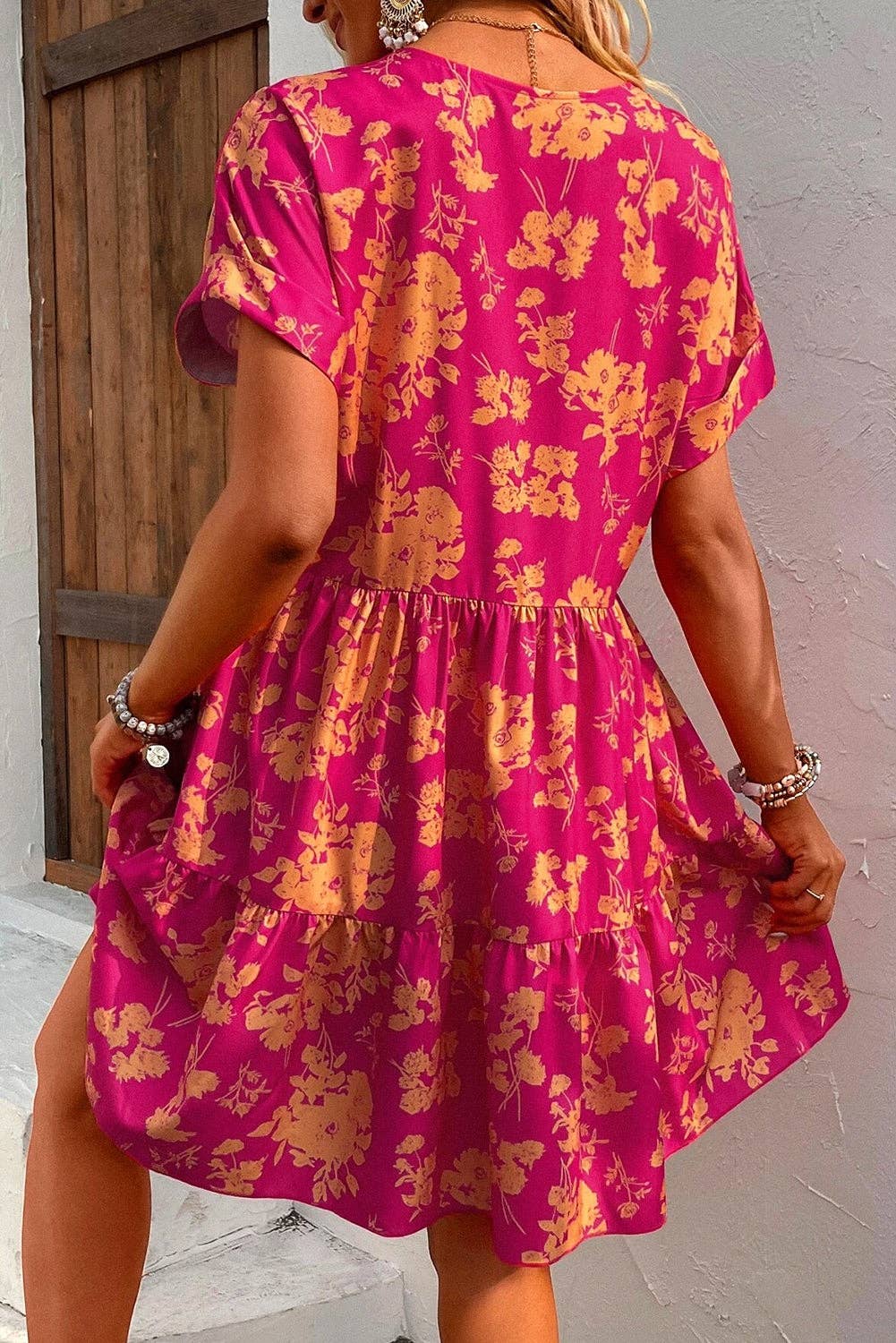 Floral Print Batwing Sleeve Smock Dress