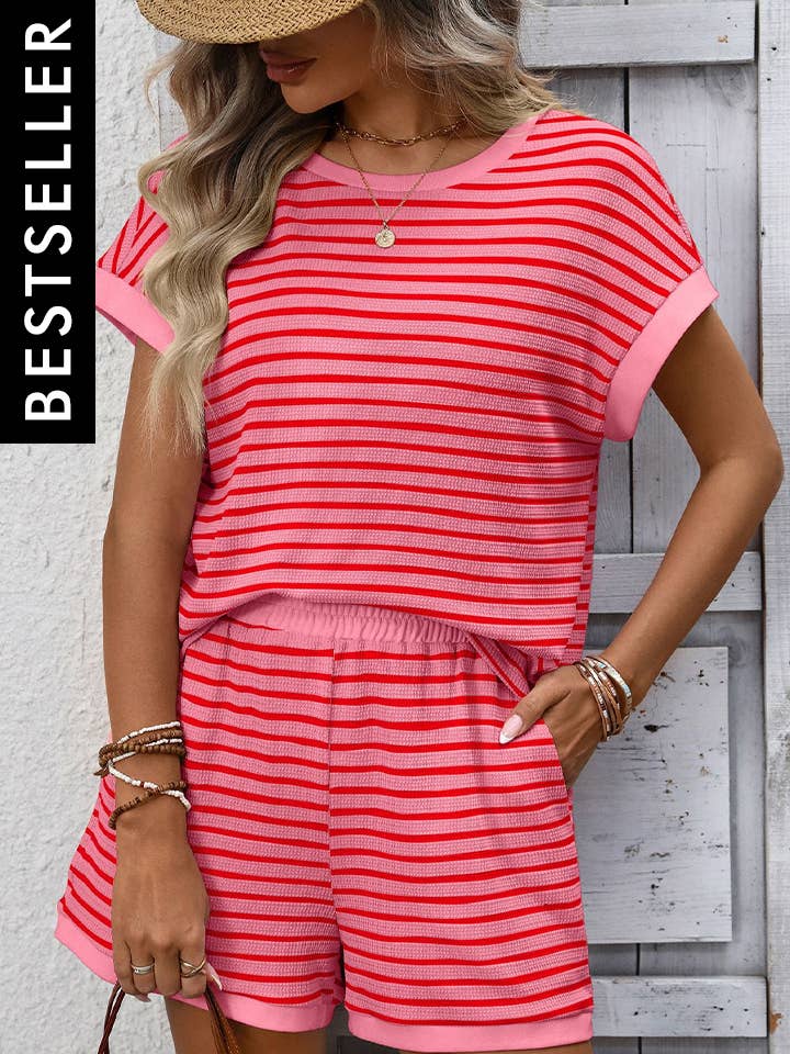 Striped Viscose Knit Two Piece Shorts Set Casual