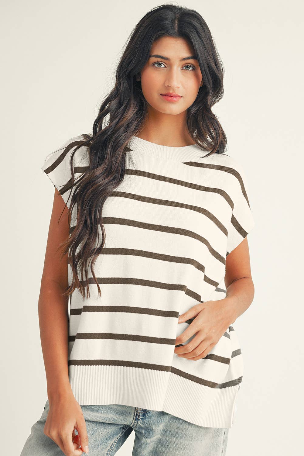 Stripe Side Slits Crewneck Short Sleeve Sweater Tee