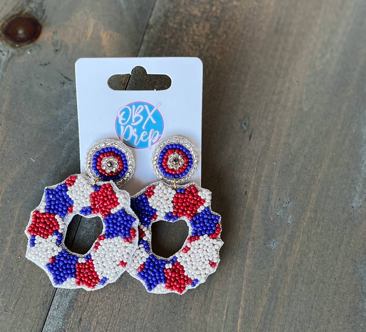 Patriotic Red White Stars Blue Seed Bead Dangle Earrings