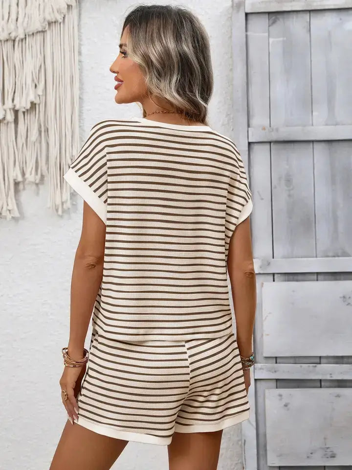Striped Viscose Knit Two Piece Shorts Set Casual