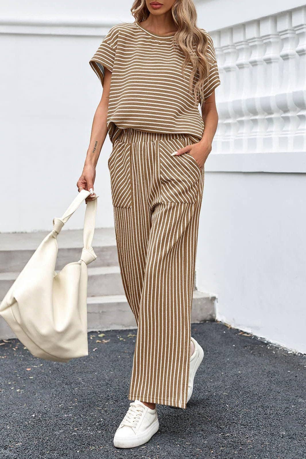 Striped Wide Leg Pants Set Casual Lounge Outfit