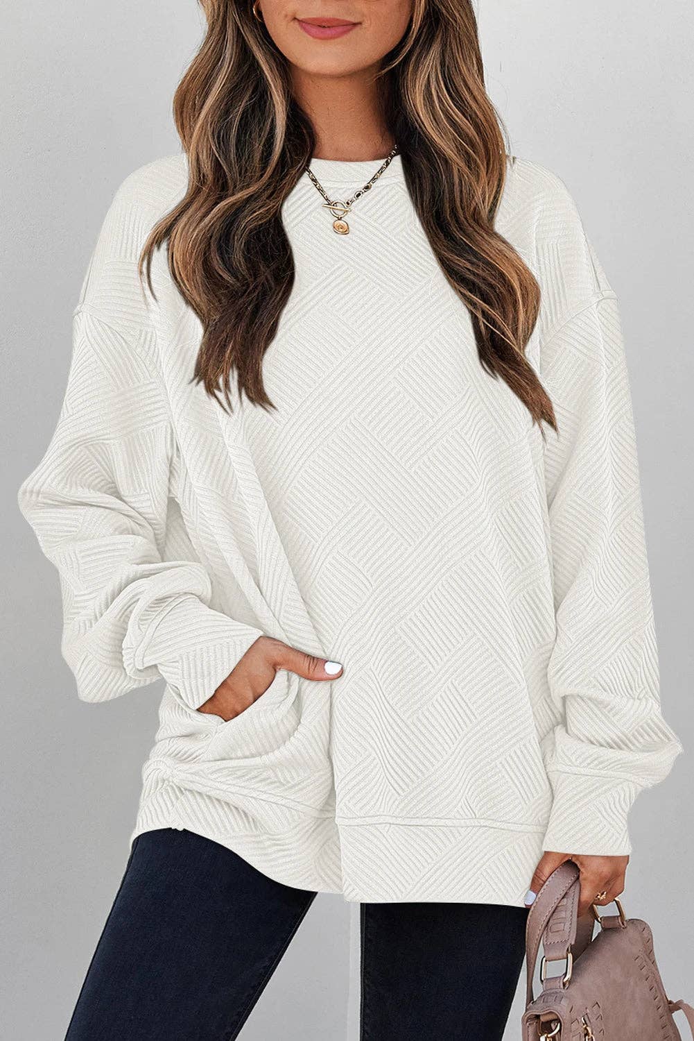 Solid Color Textured Round Neck Drop Shoulder Pullover Sweatshirt