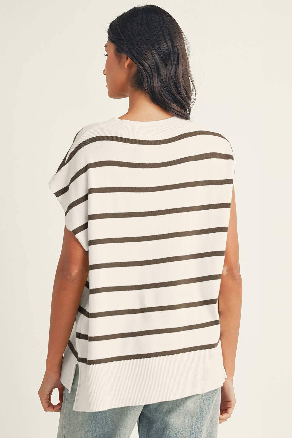 Stripe Side Slits Crewneck Short Sleeve Sweater Tee