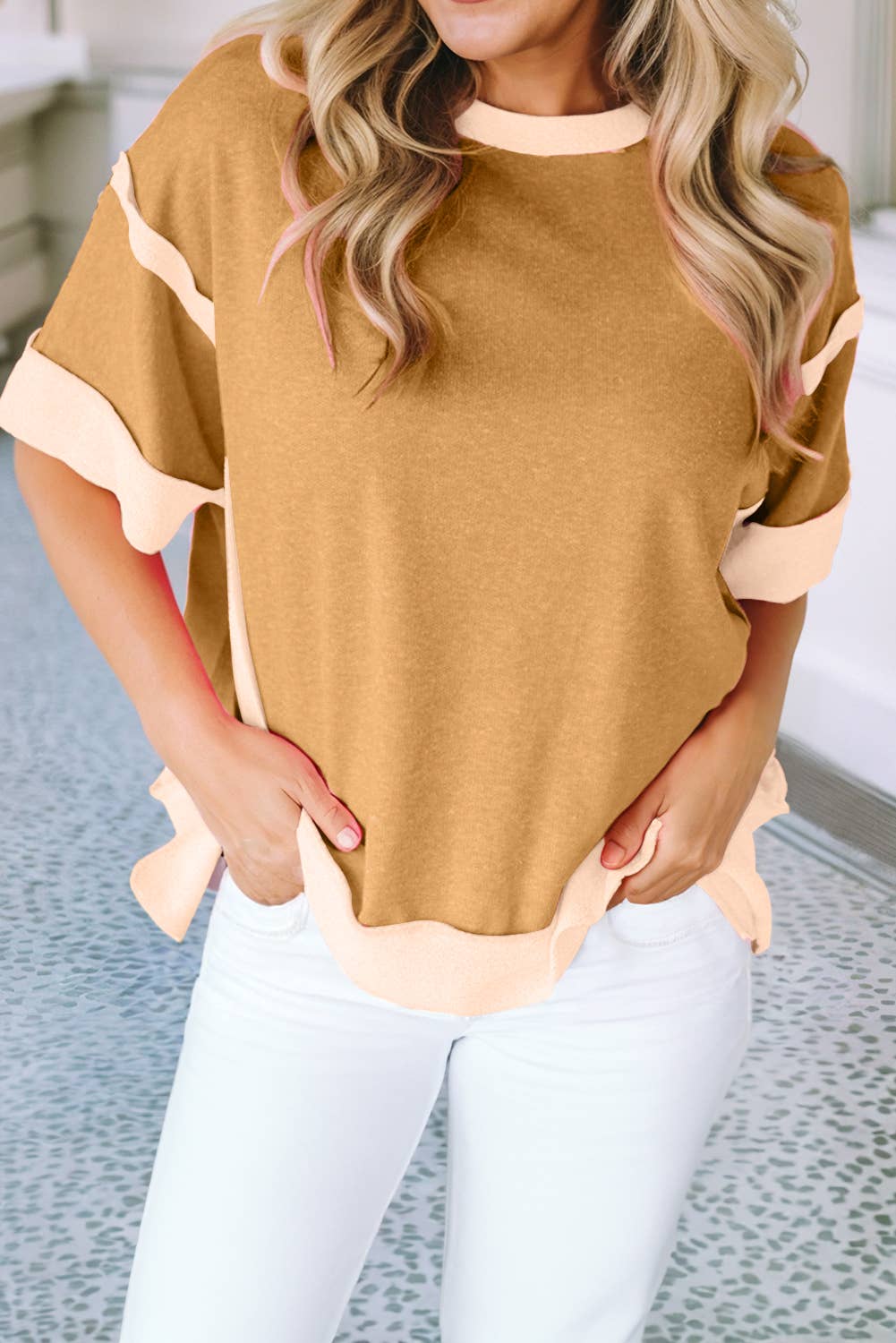 Half Sleeve Raw Seam High Low Side Split Top
