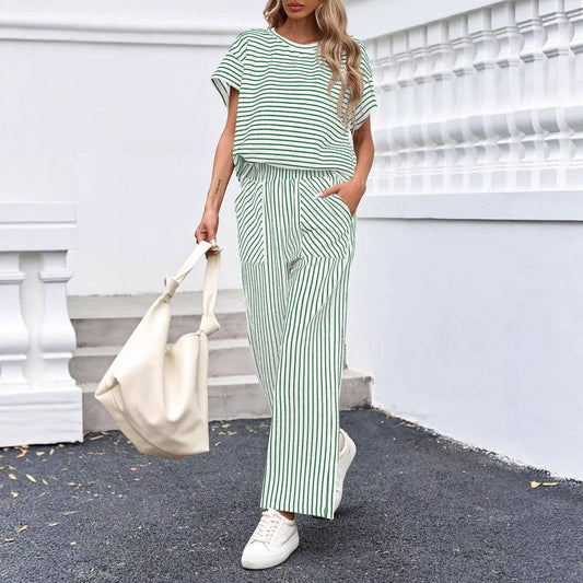 Striped Wide Leg Pants Set Casual Lounge Outfit