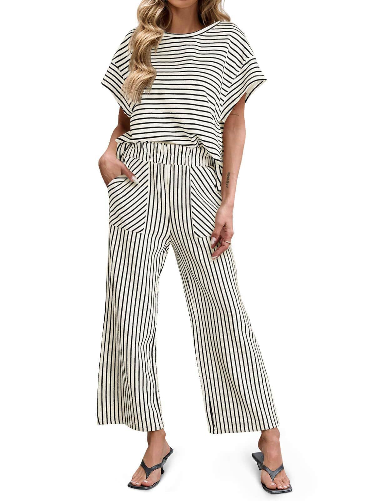 Striped Wide Leg Pants Set Casual Lounge Outfit