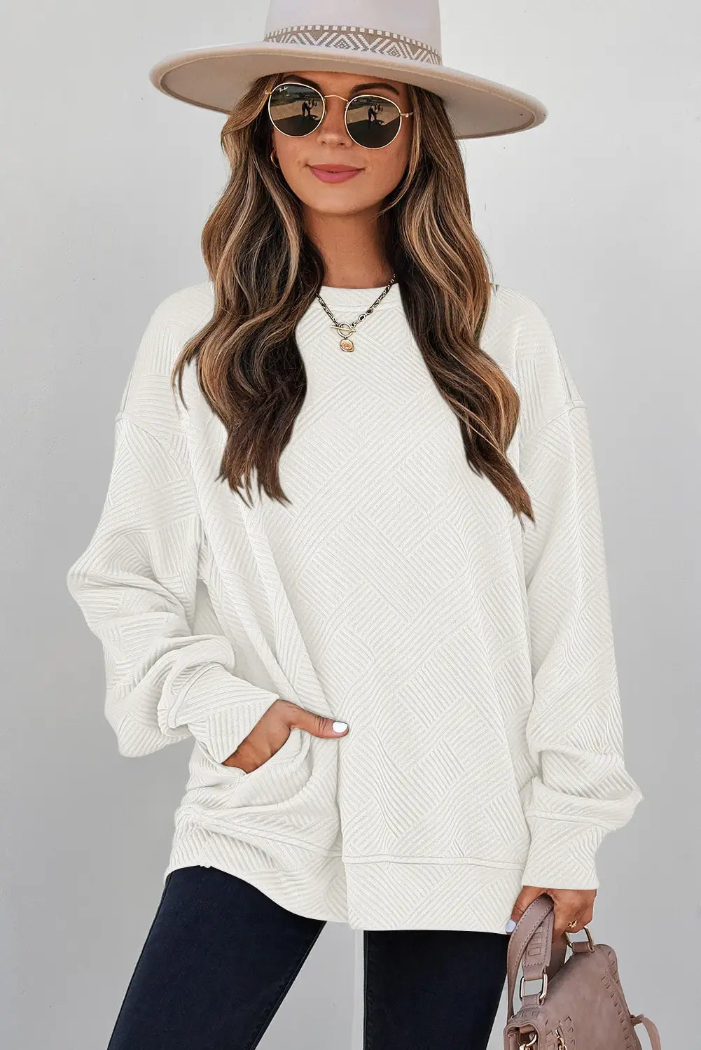Solid Color Textured Round Neck Drop Shoulder Pullover Sweatshirt
