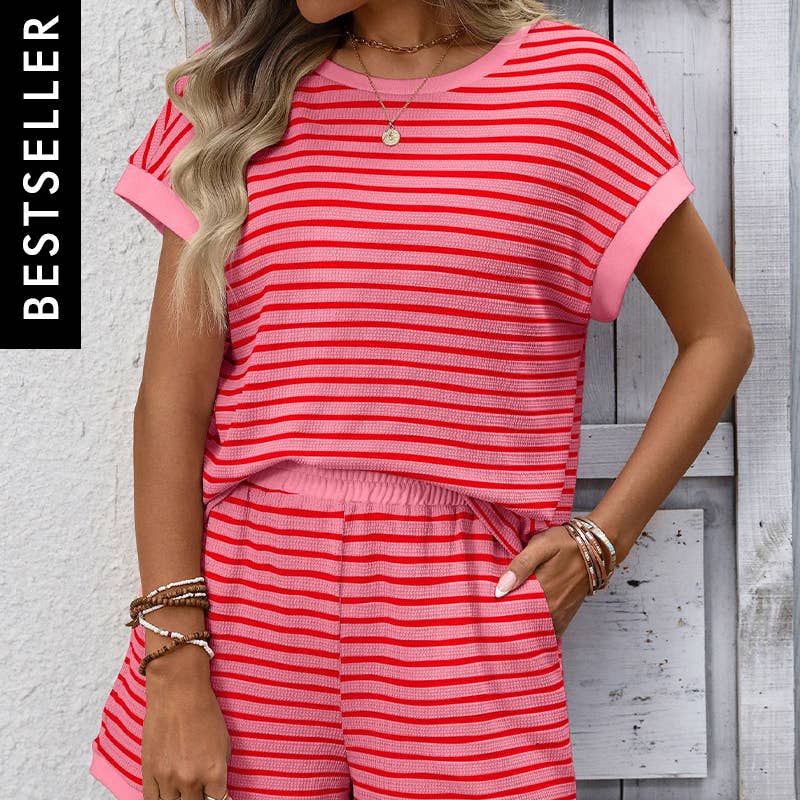 Striped Viscose Knit Two Piece Shorts Set Casual