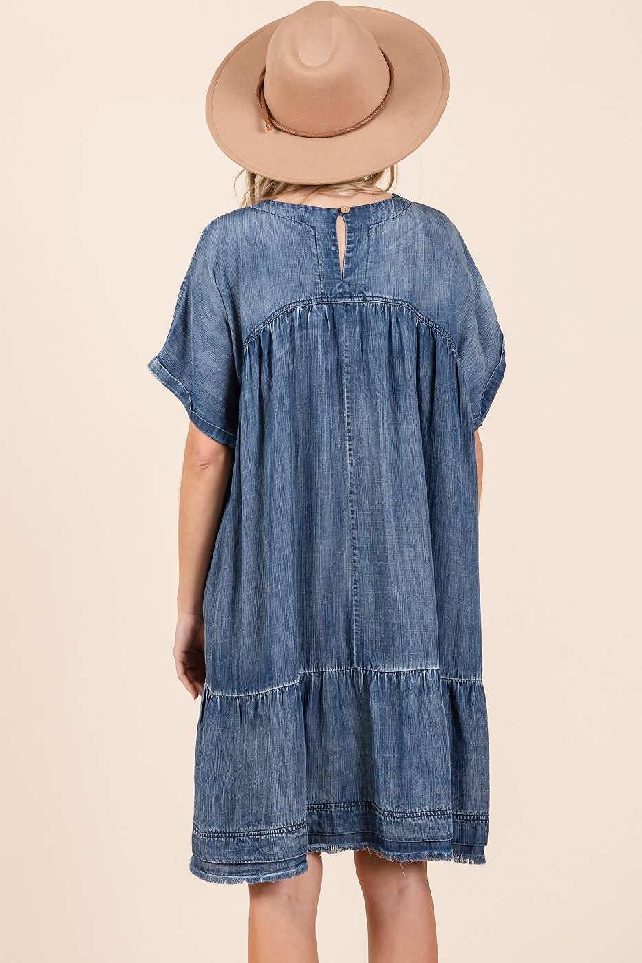 Washed Chambray Denim Oversized Tier Mini Dress