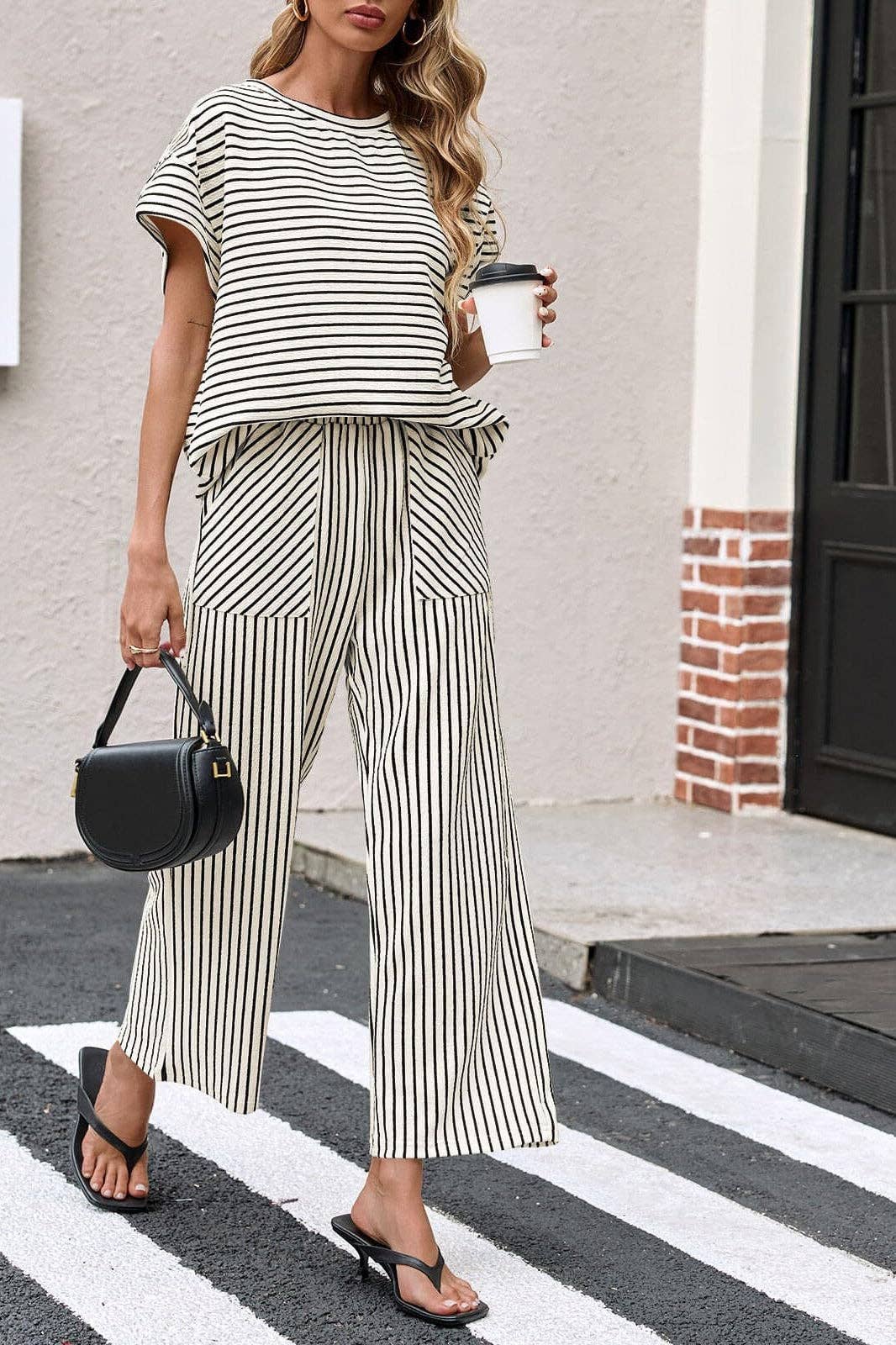 Striped Wide Leg Pants Set Casual Lounge Outfit