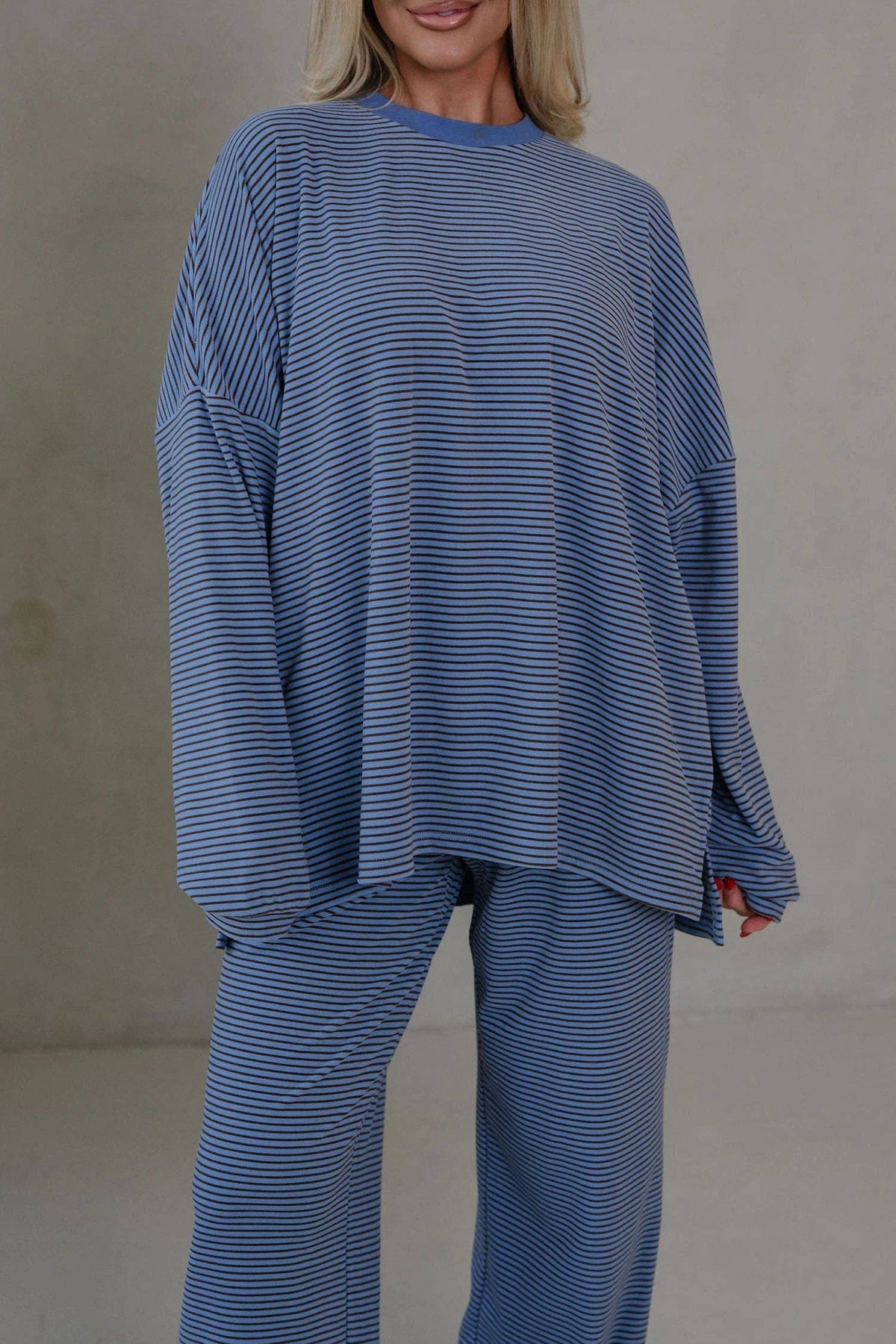 Blue Striped Drop Shoulder Long Sleeve Pant Set