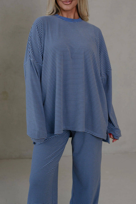 Blue Striped Drop Shoulder Long Sleeve Pant Set