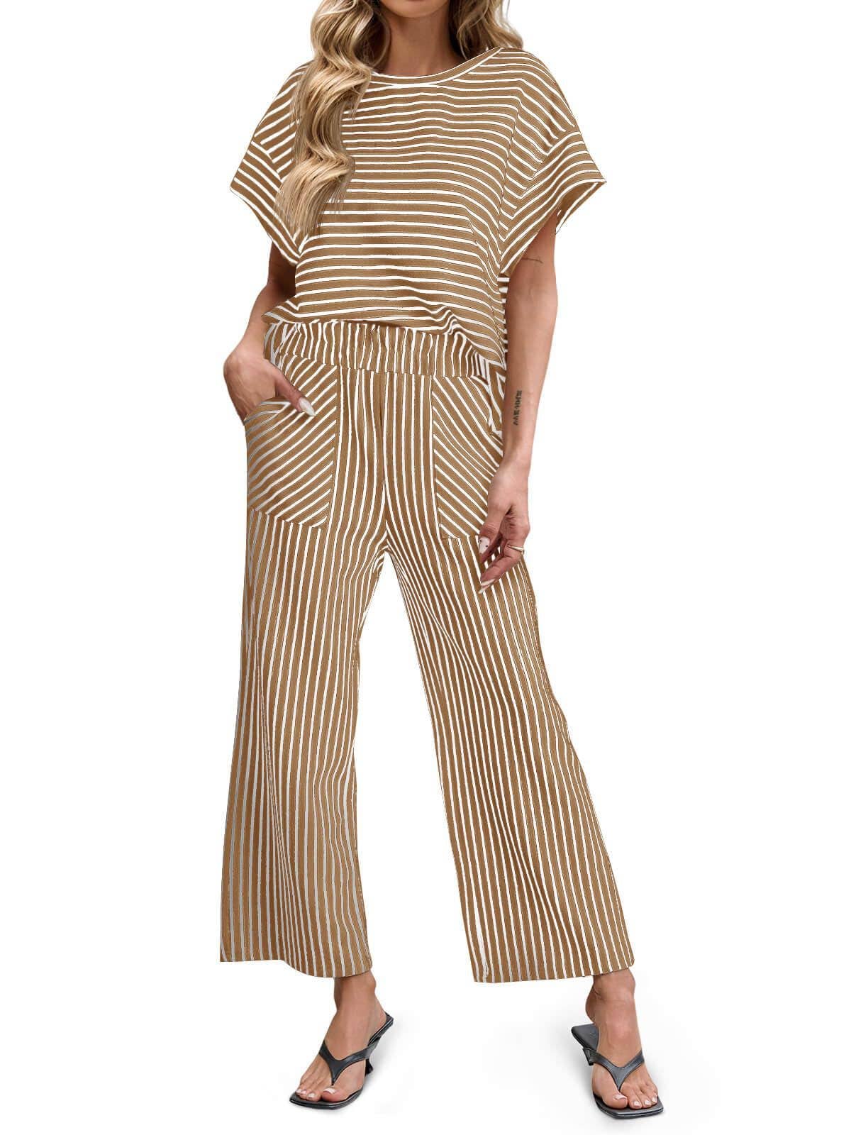 Striped Wide Leg Pants Set Casual Lounge Outfit