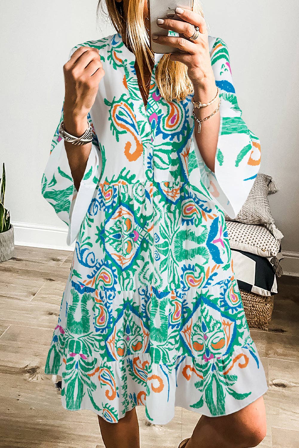 Tribal Bracelet Sleeve Buttoned Mini Dress