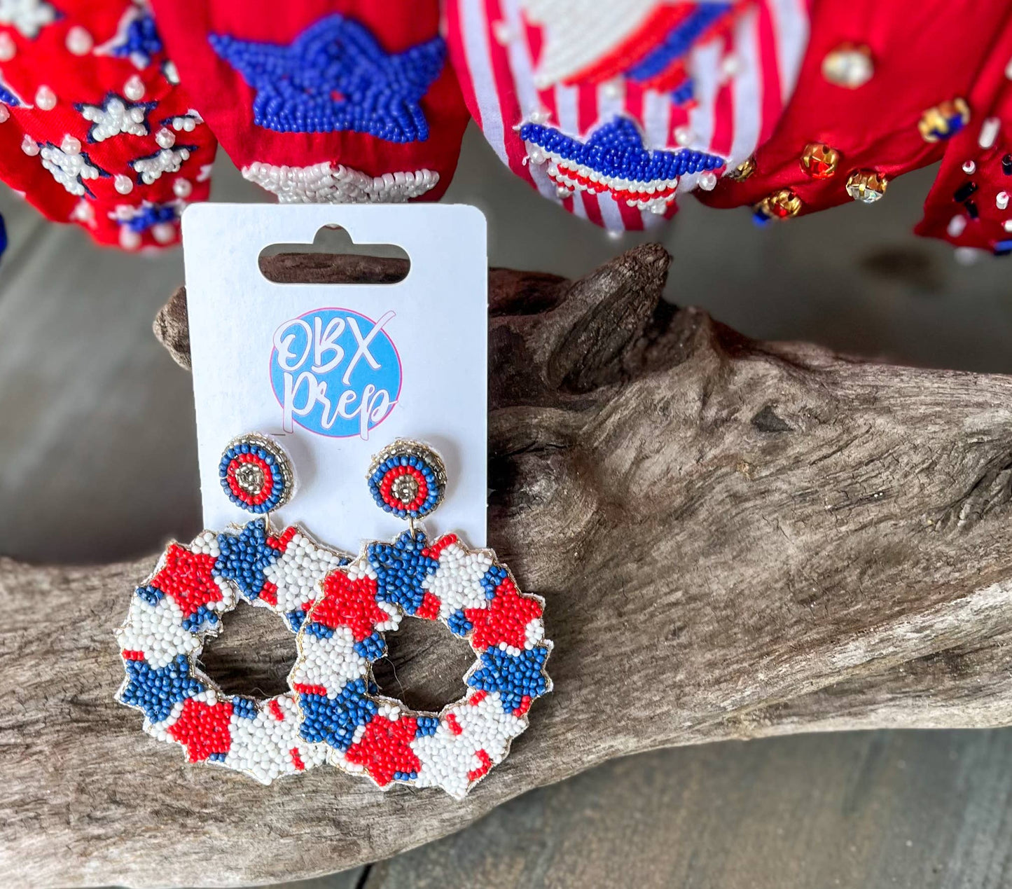 Patriotic Red White Stars Blue Seed Bead Dangle Earrings
