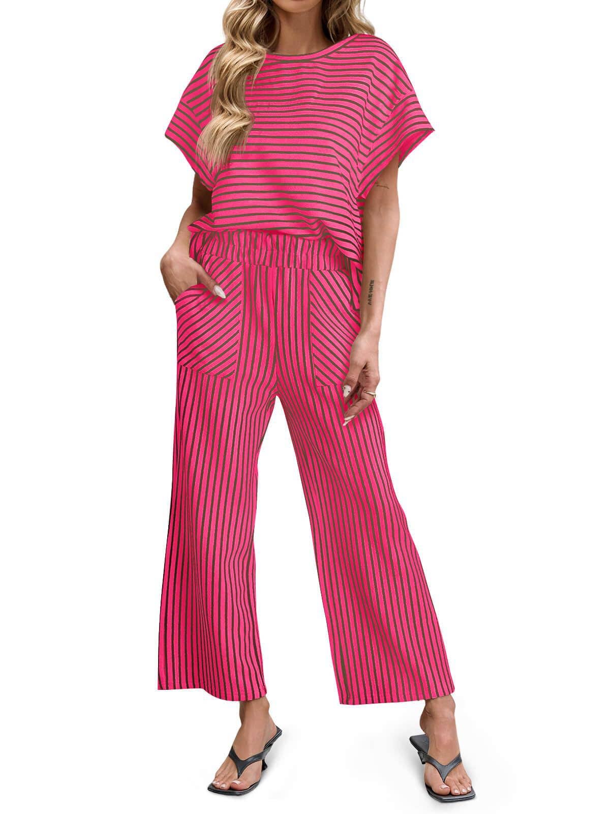 Striped Wide Leg Pants Set Casual Lounge Outfit