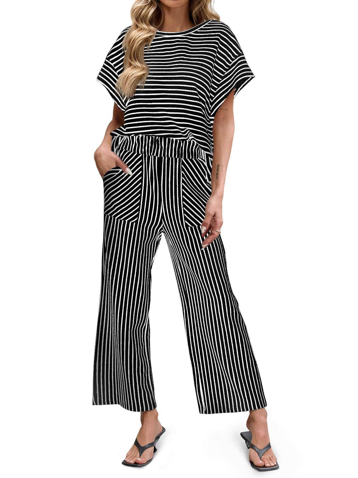 Striped Wide Leg Pants Set Casual Lounge Outfit