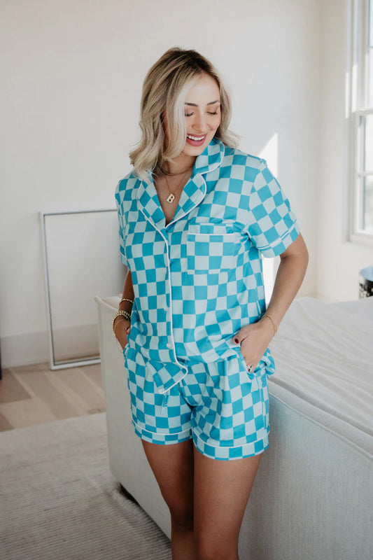 Teal Checker Pajama Short Set